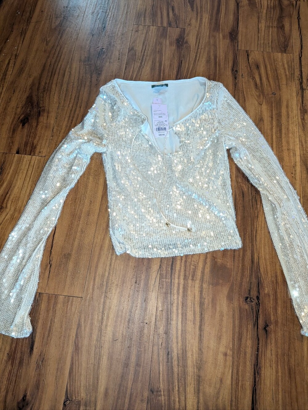 New With Tags Sequined Long-Sleeve V-Neck Top - Cream